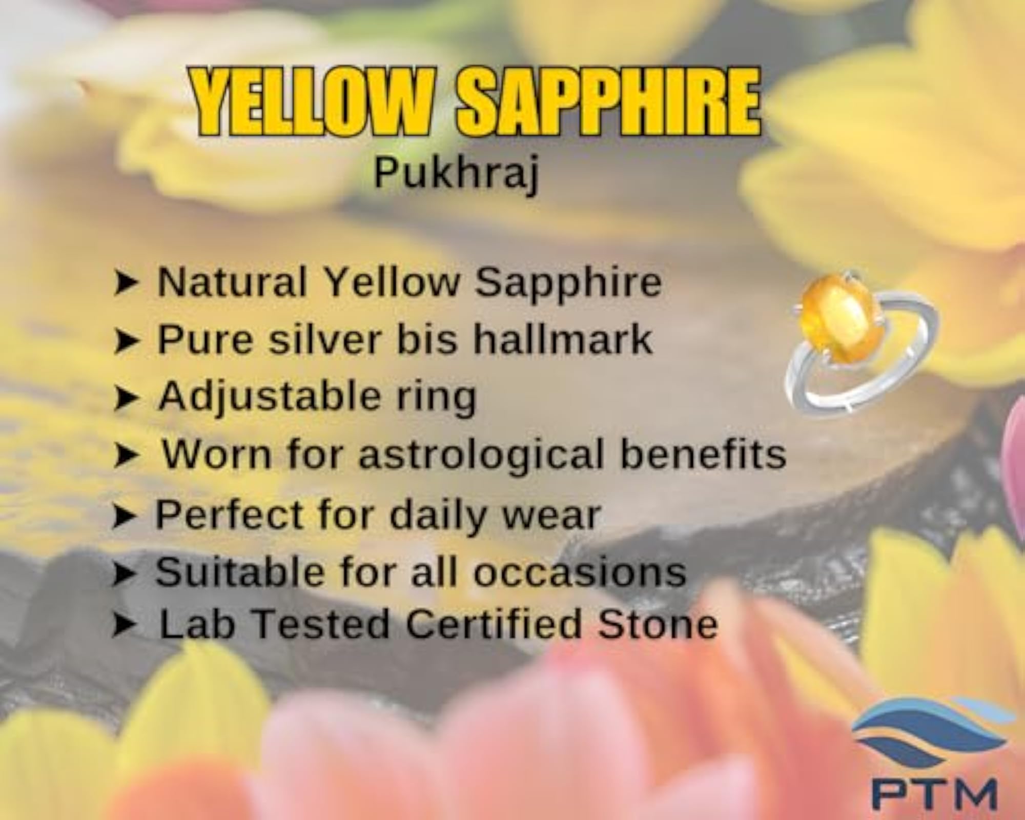Women's Yellow Sapphire Adjustable Ring, Certified Natural Gemstone